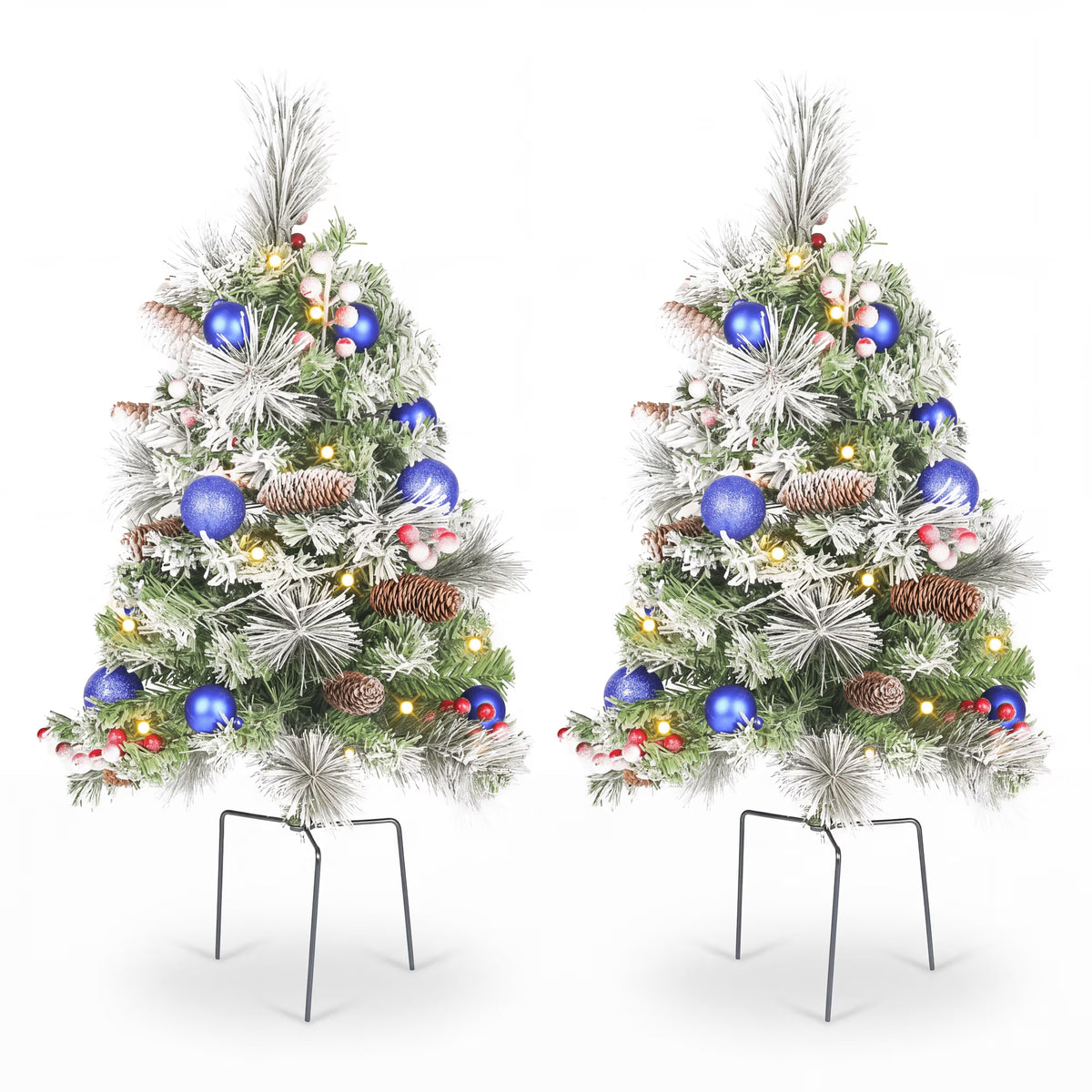 2 Pack 30 inch Prelit Outdoor Pathway Christmas Tree with LED Lights, Battery Operated Snow Flocked Christmas Tree with Pine Needles Cones Balls & Berries, Frosted Urn Filler for Porch Yard Decor