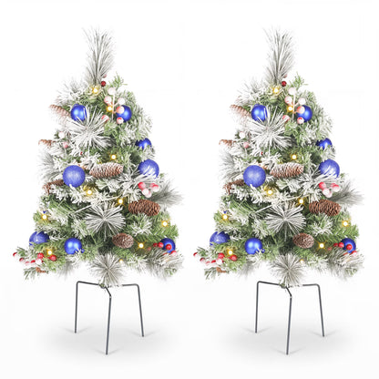 2 Pack 30 inch Prelit Outdoor Pathway Christmas Tree with LED Lights, Battery Operated Snow Flocked Christmas Tree with Pine Needles Cones Balls & Berries, Frosted Urn Filler for Porch Yard Decor