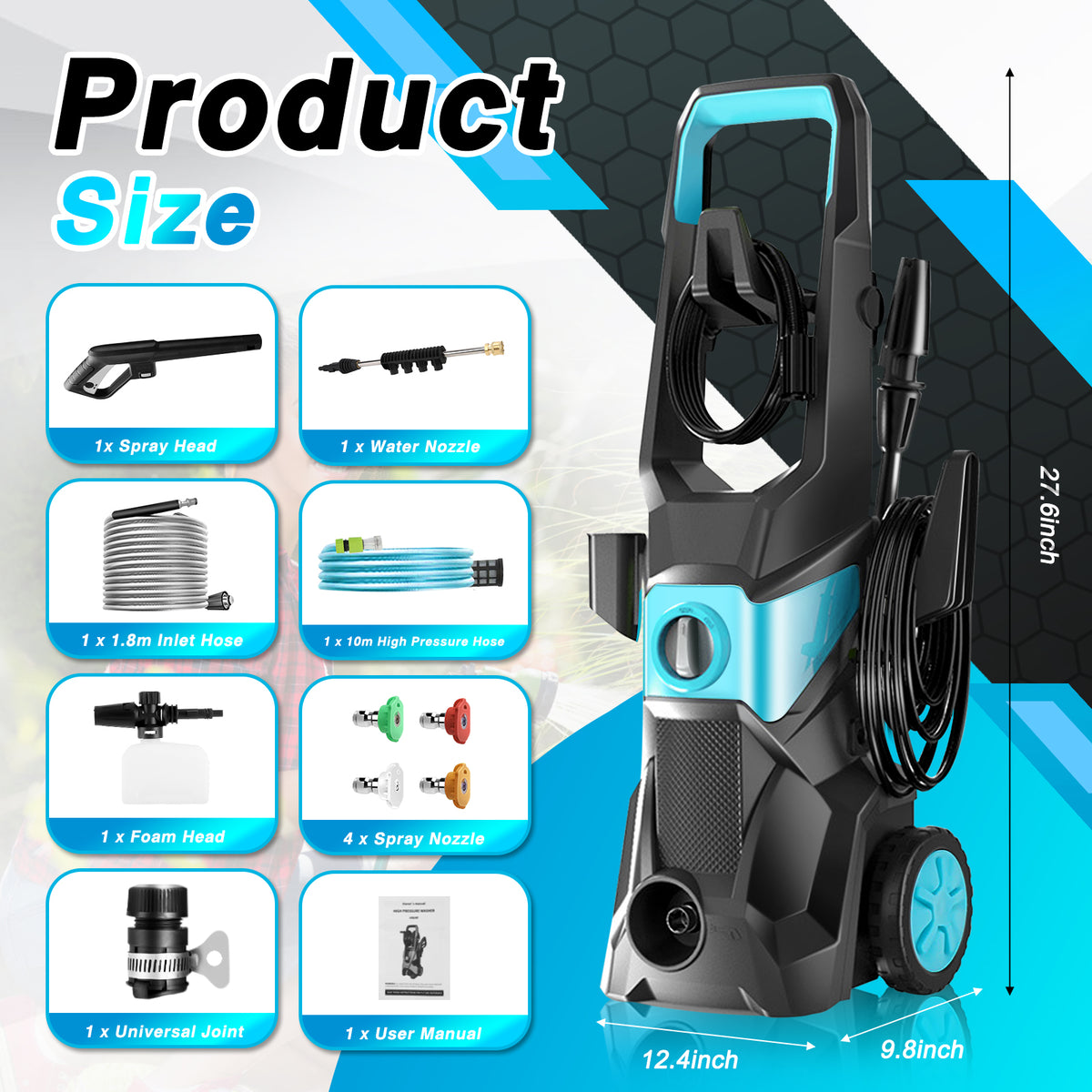 Electric Pressure Washer, 4000PSI Max 2.4 GPM with 4 Nozzles, Portable High Pressure Cleaning Machine Washer with 32FT Hose, for Cars, Driveways, Fences, Patios, Home Cleaning