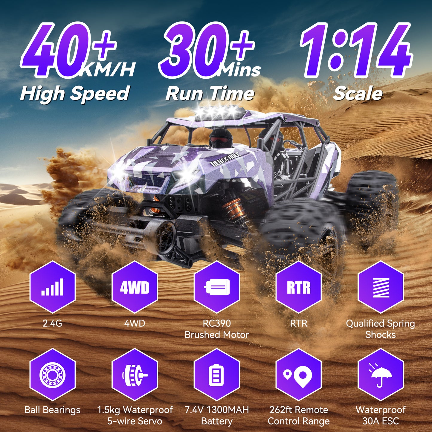 RC Cars for Adults Kids 60KM RTR 1/14 Military RC Trucks 390 Brushed Motor 4X4 Off Road Remote Control Car Toy for Boys Girls Gift All Terrain Fast RC Monster Truck with 2 Li-ion Batteries