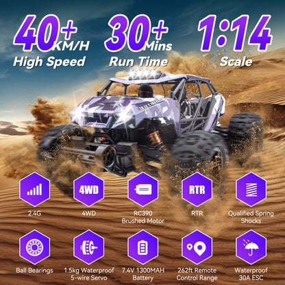 RC Cars for Adults Kids 60KM RTR 1/14 Military RC Trucks 390 Brushed Motor 4X4 Off Road Remote Control Car Toy for Boys Girls Gift All Terrain Fast RC Monster Truck with 2 Li-ion Batteries