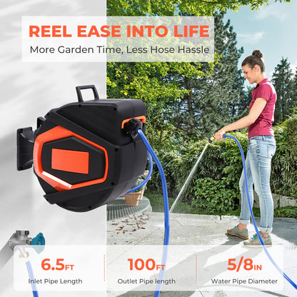 Retractable Garden Hose Reel 5/8 In X 100 Ft Automatic Wall Mounted Water Hose with 10 Pattern Nozzle Any Length Lock Slow Retraction 180° Swivel