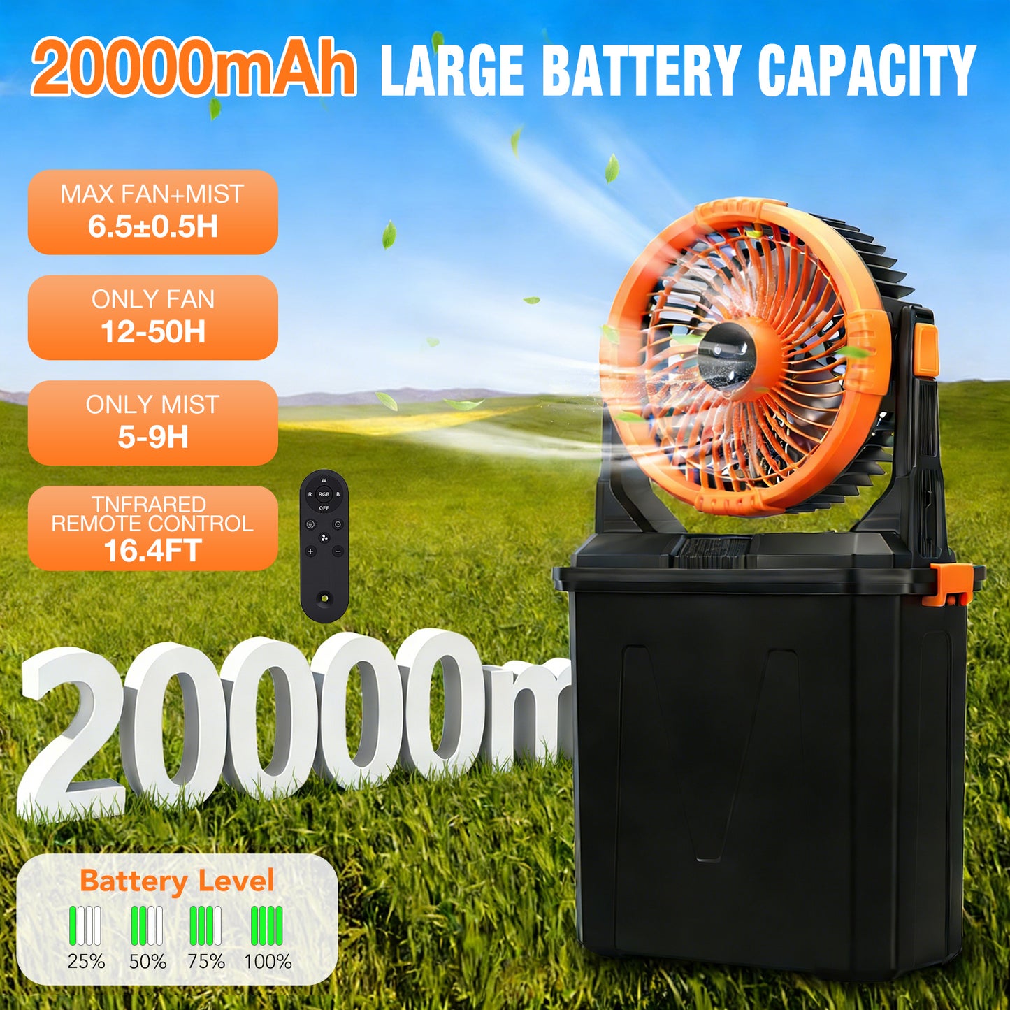 Portable Misting Fan - 10L Water Tank 10-inch Outdoor 20000mAh USB Rechargeable Fan with Remote Control,4 Speeds,4 Spray Mister,RGB Light,Timer, Floor Cooling Fan for Patios/Camping,Orange