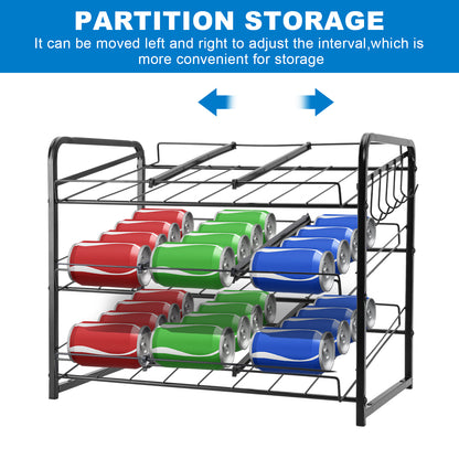 Stackable Can Rack Organizer, 3-Tier Carbon Steel Shelf – Holds Up to 36 Cans W/6 Hooks, 17" W x 11" D x 13.6" H – Pantry Cabinet Food Storage Dispenser,Black