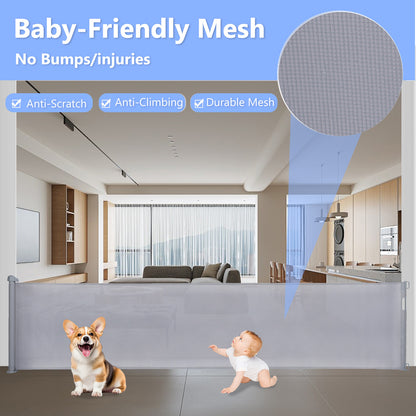 Retractable Baby Gate 35"x138" Extra Wide Mesh Dog Gate Child Safety Gate for Doorways, Indoor Outdoor Stairs, Indoor Outdoor Stairs, Gray