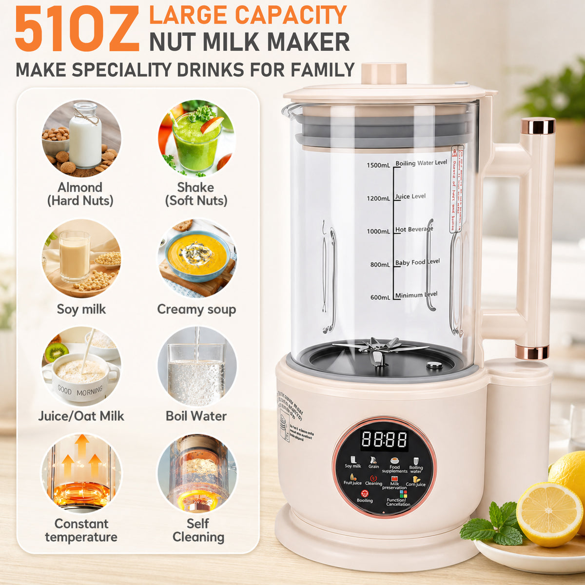 10 in 1 Automatic Nut Milk Maker,51oz Soy Milk Machine with Delay Start,Boil Water,Keep Warm& Auto Cleaning,Almond Milk Machine,Plant Based Milks Homemade Oat,Chowder,Juice
