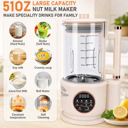 10 in 1 Automatic Nut Milk Maker,51oz Soy Milk Machine with Delay Start,Boil Water,Keep Warm& Auto Cleaning,Almond Milk Machine,Plant Based Milks Homemade Oat,Chowder,Juice