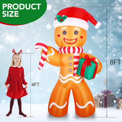 8FT Christmas Inflatable Gingerbread Man, Christmas Blow Up Yard Decorations with Build-in LEDs, Inflatable Christmas Decorations Outdoor for The Yard, Lawn, Garden