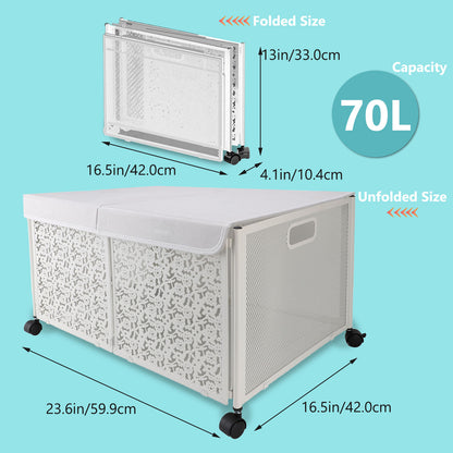Toy Box Storage, Foldable Metal Kids Toy Chest with Flip-Top Lid and Wheels for Bedroom Nursery Playroom,White