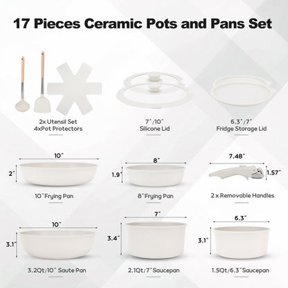 17-Piece Ceramic Pots and Pans Set Non Stick, Cookware Set with Detachable Handle, Oven Safe, Induction Ready, Stackable RV Kitchen Cooking Set Removable Handles