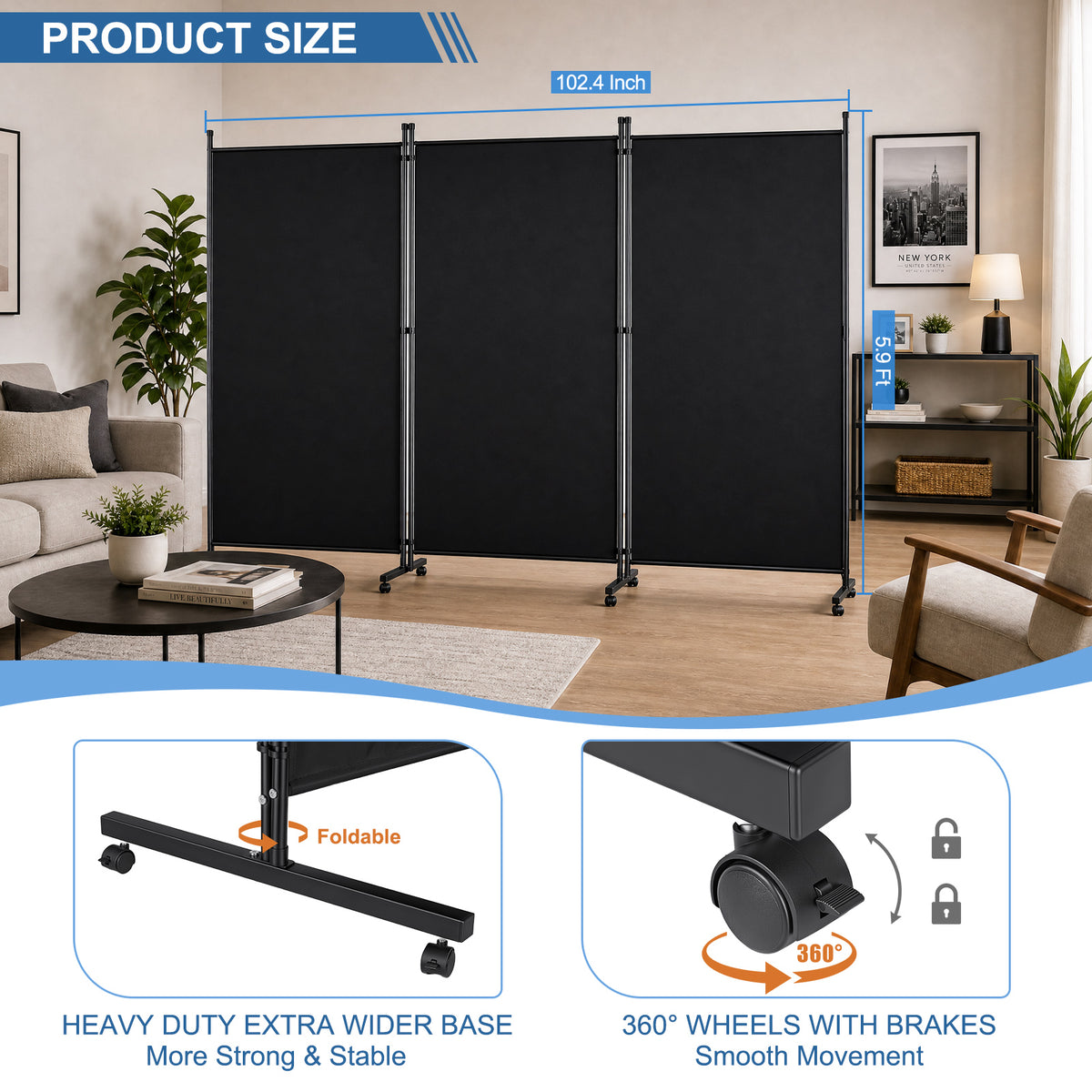 Rolling Room Dividers 5.9FT 3 Panel, Folding Privacy Screens with Lockable Wheels,102" W Portable Wall Divider Room Separation for Porch Living Room Dorm Studio Office, Black