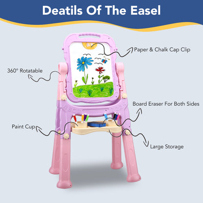 Art Easel for Kids, Adjustable Standing Rotatable Double Sided Easel with Painting Accessories for Toddlers Boys and Girls,Pink