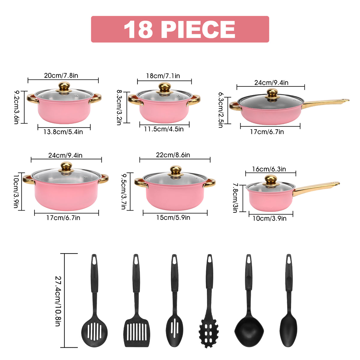 18Pcs Stainless Steel Cookware Set, Nonstick Pots and Pans Cooking Utensils Set with Gold Plated Handles for Kitchen, Pink