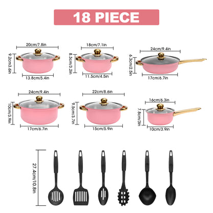 18Pcs Stainless Steel Cookware Set, Nonstick Pots and Pans Cooking Utensils Set with Gold Plated Handles for Kitchen, Pink