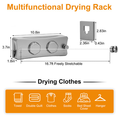 Retractable Clothesline Indoor, Non-Sagging Wall Mounted Drying Rack Clothesline, 16.7 Ft Stainless Steel Wire Double Clothes Lines, Hanging Clothes line for Balcony, Courtyards