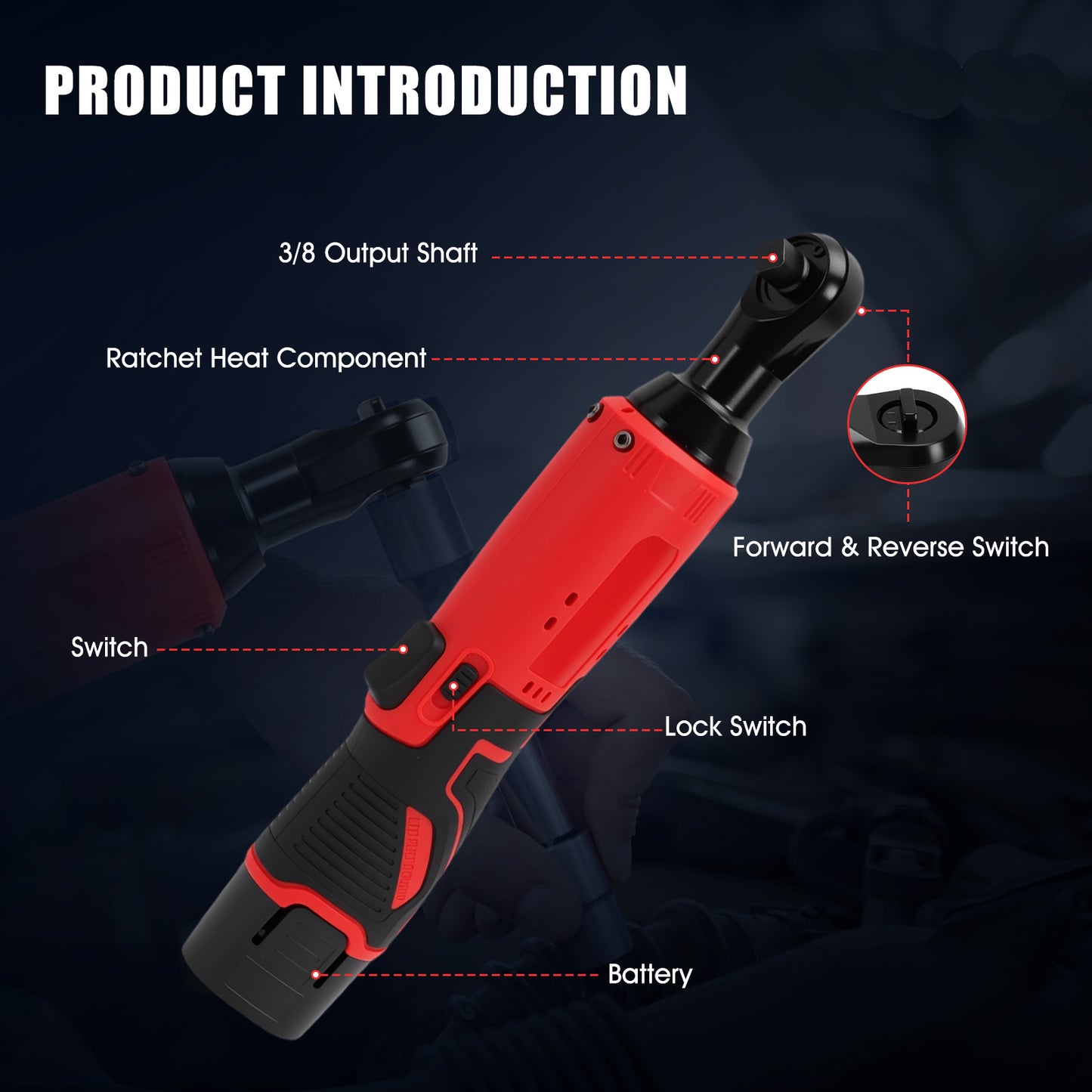 3/8" Extended Cordless Ratchet Wrench Set, 40N.m Power Ratchet Kit w/12V 2x2.0Ah Batteries,7 Sockets,1/4 Adaptor, Extension Bar for Housework, Car Repair