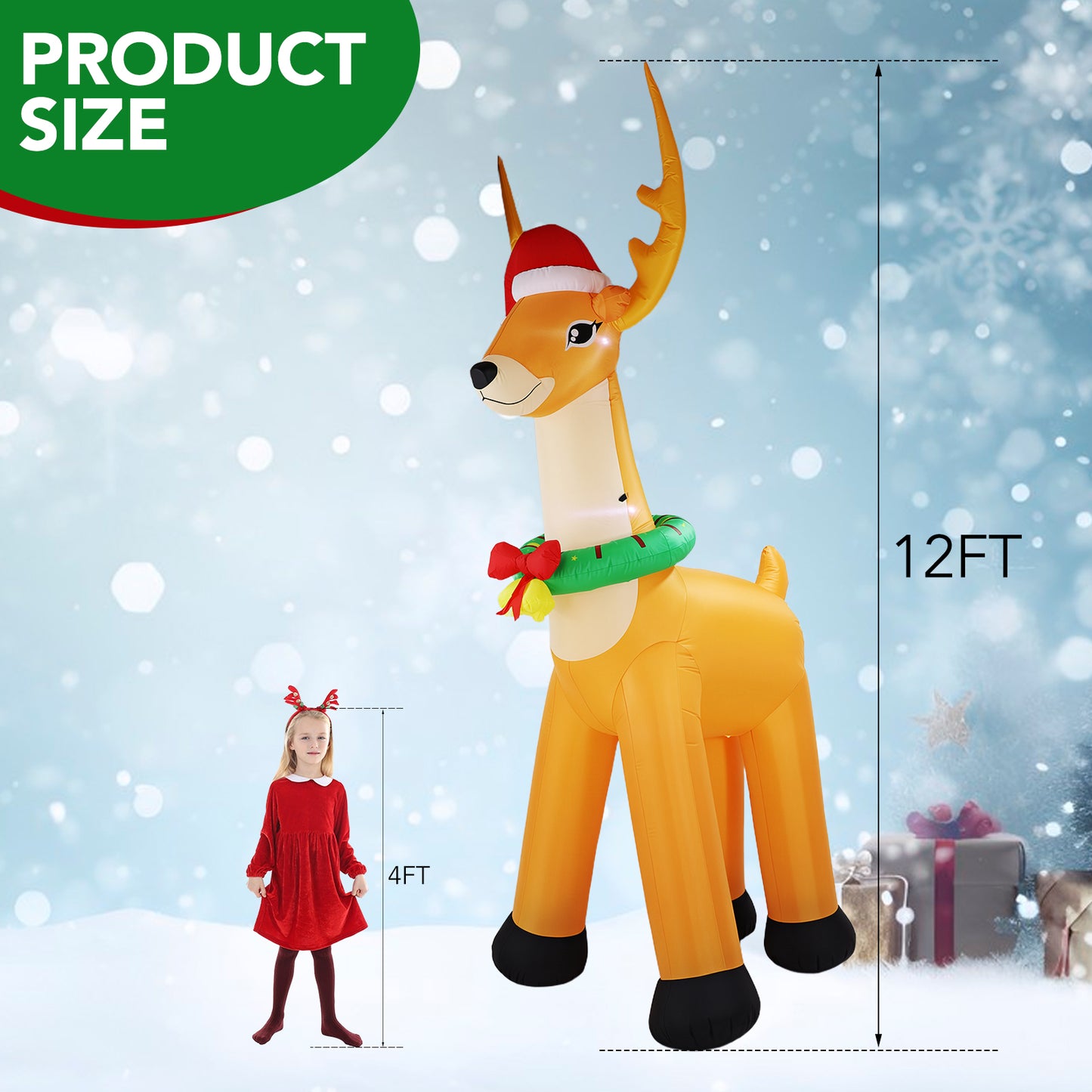 12FT Giant Christmas Inflatable Reindeer Decoration with Chasing LED Lights,Blow Up Yard Decoration for Party Garden Yard Lawn Decor