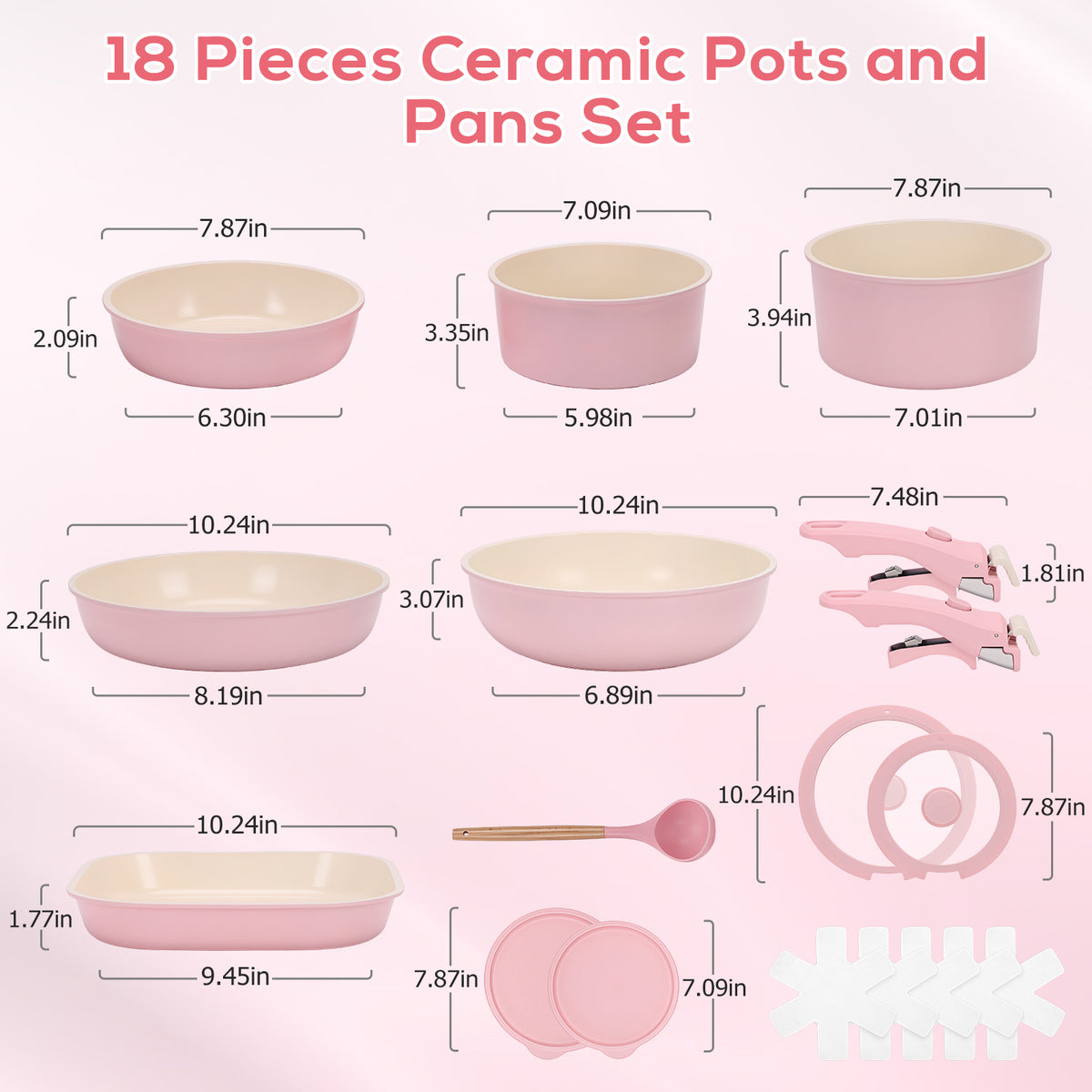 18 Piece Ceramic Pots and Pans Set Non Stick, Cookware Set with Detachable Handles, Oven Safe, Induction Ready, Stackable RV Kitchen Cooking Set, Pink