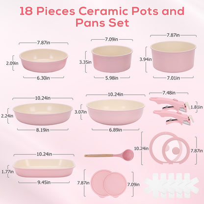 18 Piece Ceramic Pots and Pans Set Non Stick, Cookware Set with Detachable Handles, Oven Safe, Induction Ready, Stackable RV Kitchen Cooking Set, Pink