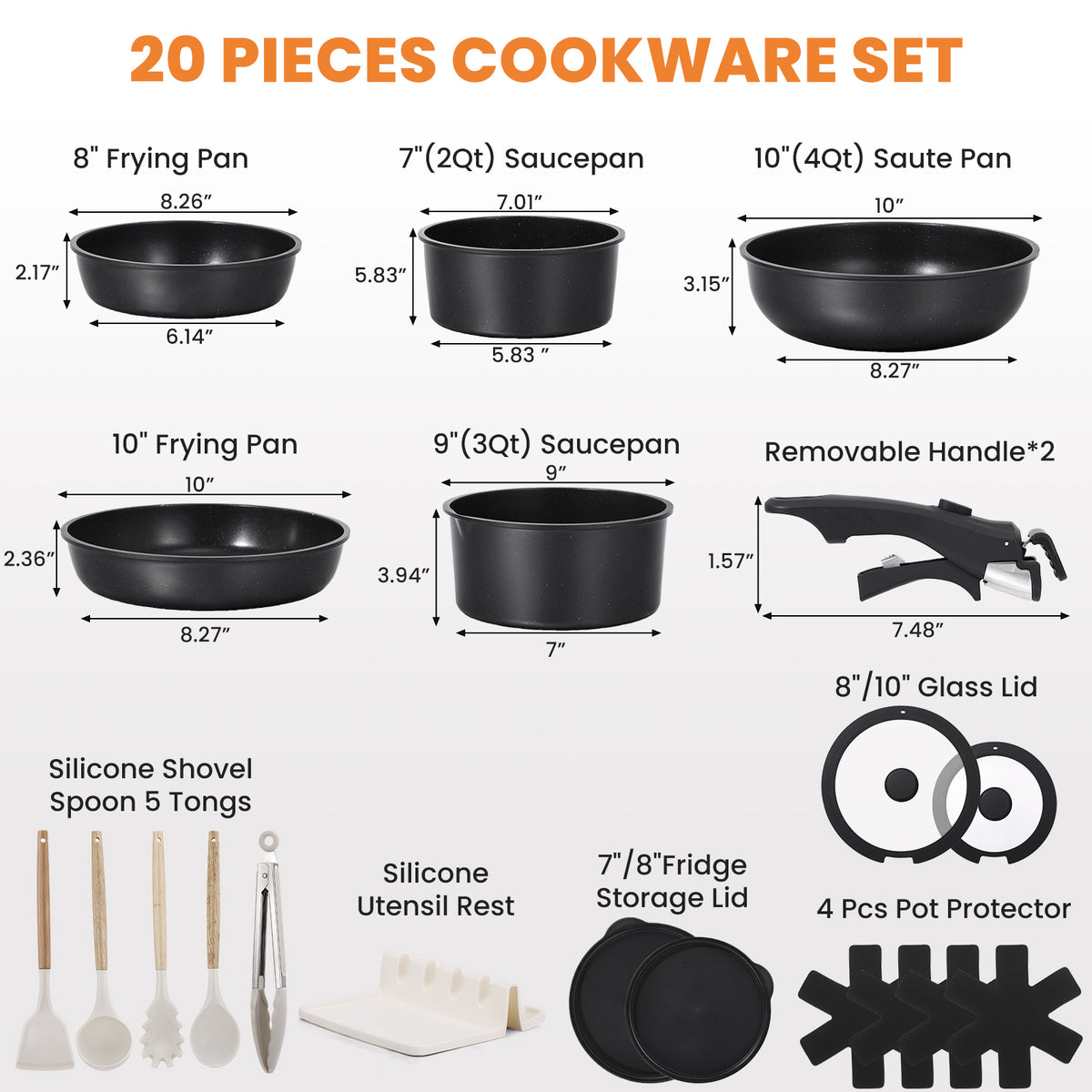 20 Piece Pots and Pans Set, Nonstick Cookware Set with Detachable Handles, Oven & Dishwasher Safe, Induction Compatible, Stackable RV Kitchen Cooking Set, Black