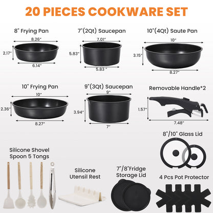 20 Piece Pots and Pans Set, Nonstick Cookware Set with Detachable Handles, Oven & Dishwasher Safe, Induction Compatible, Stackable RV Kitchen Cooking Set, Black
