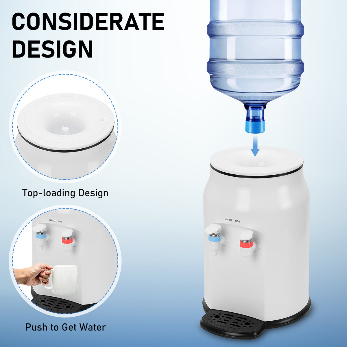 500W Mini Countertop Water Dispenser, Top Loading Electric Water Dispenser for 3 & 5 Gallon Bottles,White