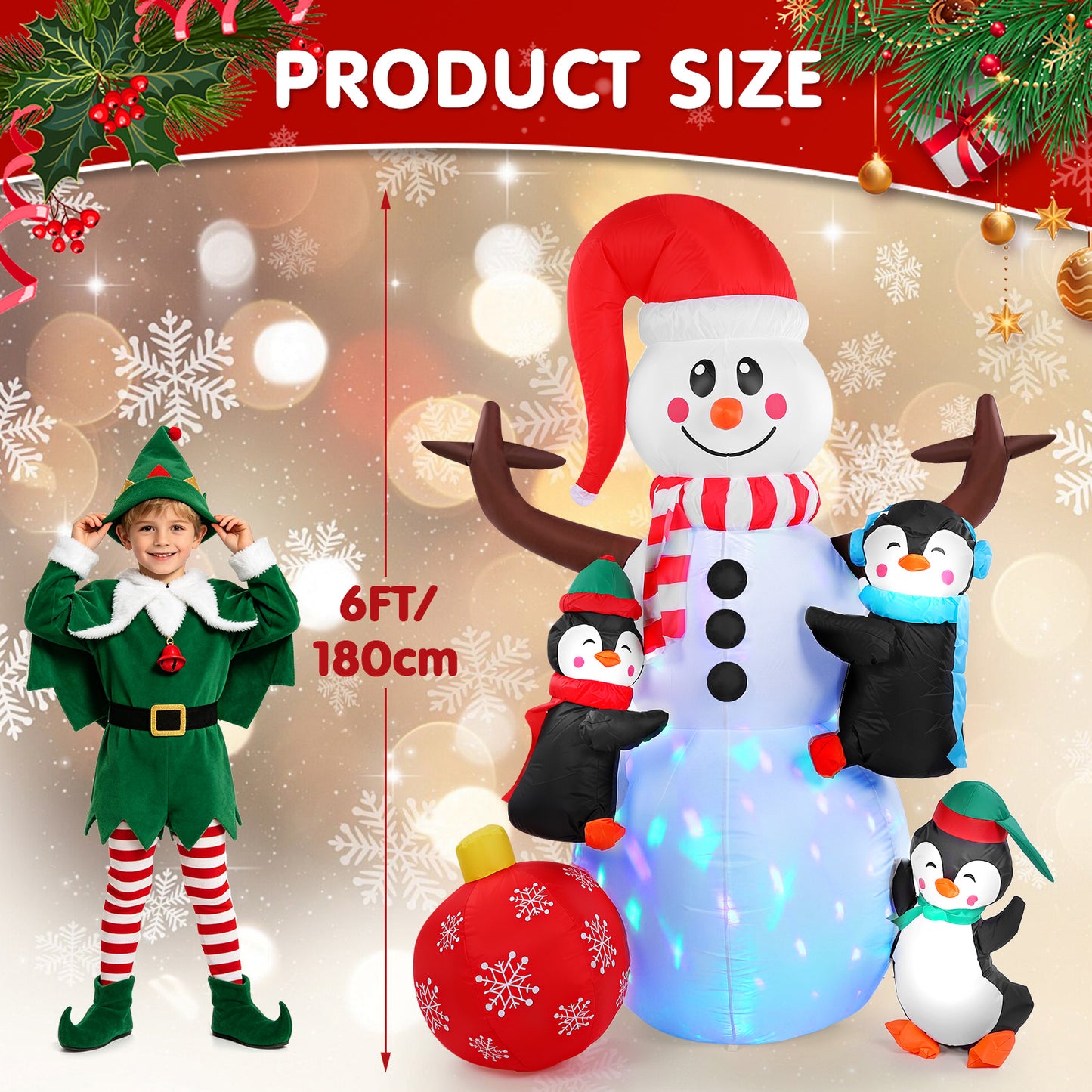 6FT Christmas Inflatable Outdoor Decoration, Snowman with Penguin and Red Ball, Navidad Blow Up Yard Decor with Built-in LED Light for Lawn, Garden, Party
