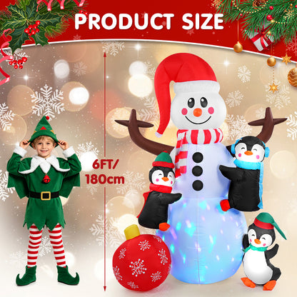 6FT Christmas Inflatable Outdoor Decoration, Snowman with Penguin and Red Ball, Navidad Blow Up Yard Decor with Built-in LED Light for Lawn, Garden, Party