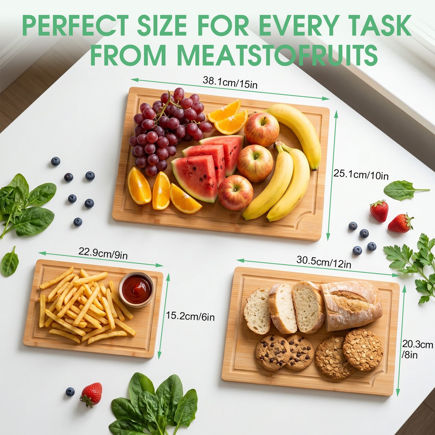Craft Wood Cutting Board Set For Kitchen, 3pcs Wooden Cutting Boards with Handles, Multifunctional & Sustainable Bamboo Cutting Boards with Deep Grooves