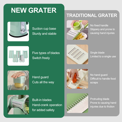 Handle Rotary Cheese Grater with Interchangeable 5 Blades, Suction Base, Mandoline Slicer & Veg Shredder with Blade Storage Box,Green