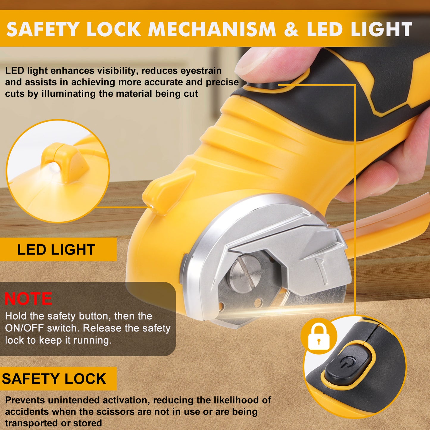 Cordless Electric Scissors,4V Rechargeable Cardboard Cutter Fabric Scissor W/Safe Lock & LED Light,Powerful Cutter for Leather Carpet Plastic Cutting,Sewing,Crafting,Yellow