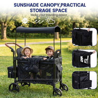 Wagon Stroller for 2 Kids, Outdoor Baby Stroller Wagon with Canopy, 5-Point Harness, Adjustable Handlebars for Toddlers, Black
