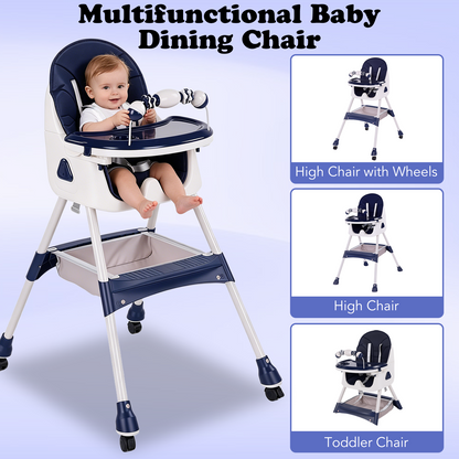 Baby High Chair, Convertible 6 in 1 Feeding Chairs for Babies and Toddlers, Foldable Baby Highchair, Adjustable Dining Tray, Backrest & Height, Blue
