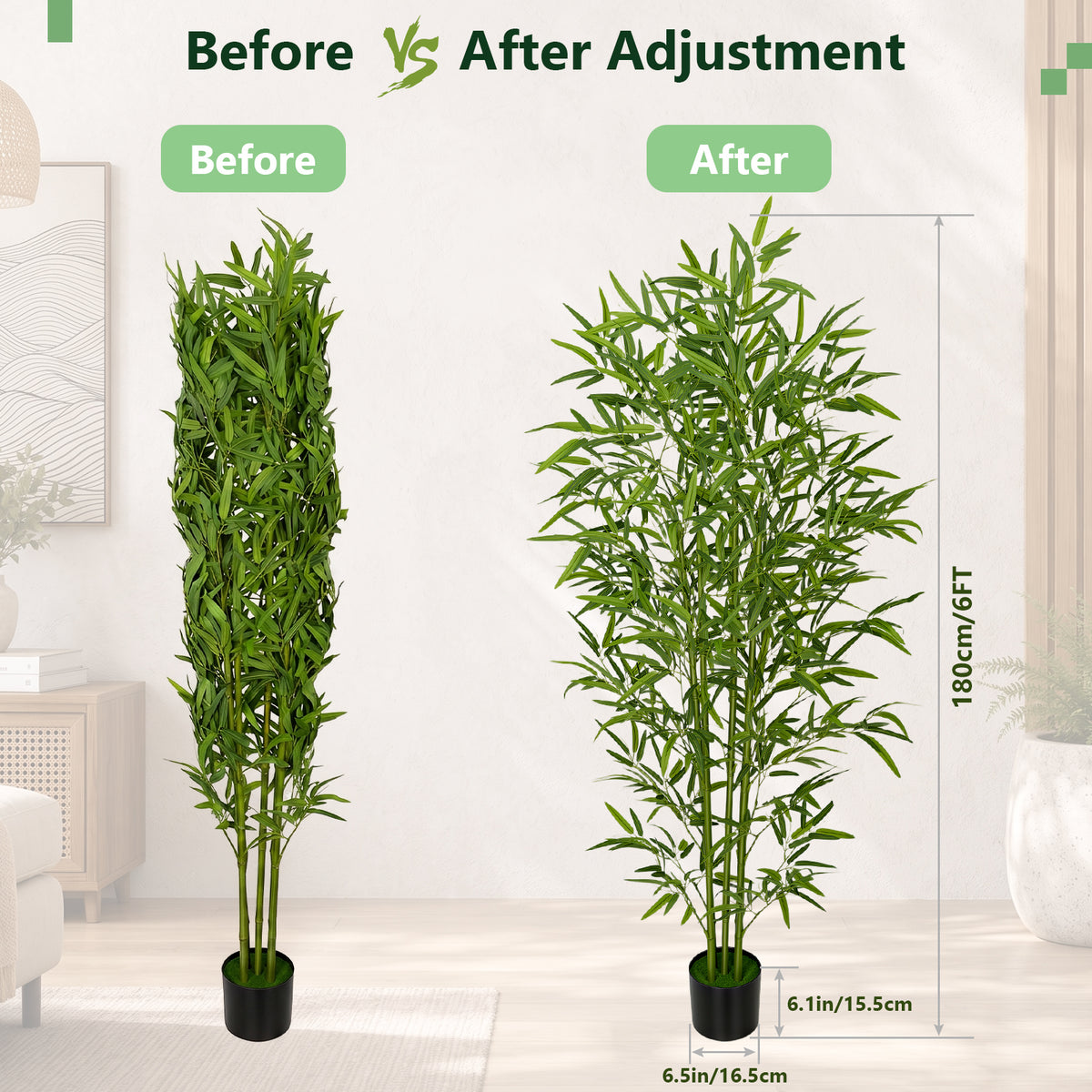 Artificial Bamboo Tree, 6ft Tall Fake Bamboo Plant with Planter, Faux Trees with 5 Trunks and Lifelike Leaves for Indoor Outdoor Home Office Décor