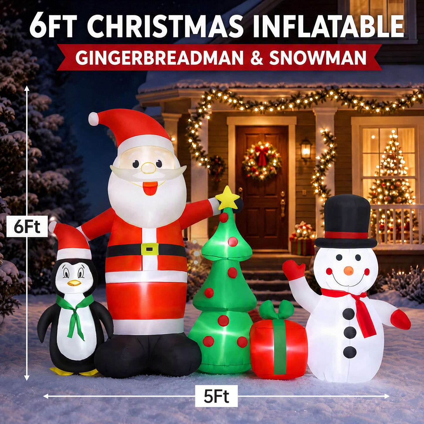 6FT Christmas Inflatables Decorations with Blow Up LED Lights, Santa Claus Snowman Penguin Gift Boxes & Christmas Tree for for Holiday Decor,Xmas Party,Yard
