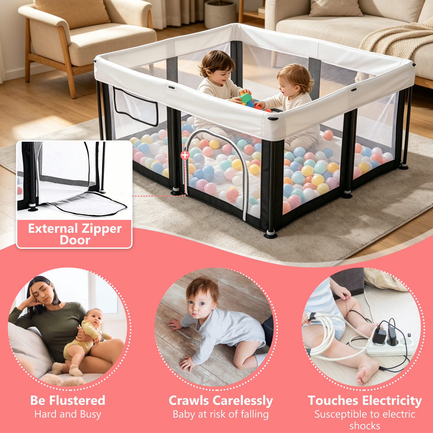 Portable Baby Playpen Large Play Yard Fence for Toddlers Indoor Outdoor,50"x50" with 30 Ocean Balls,White
