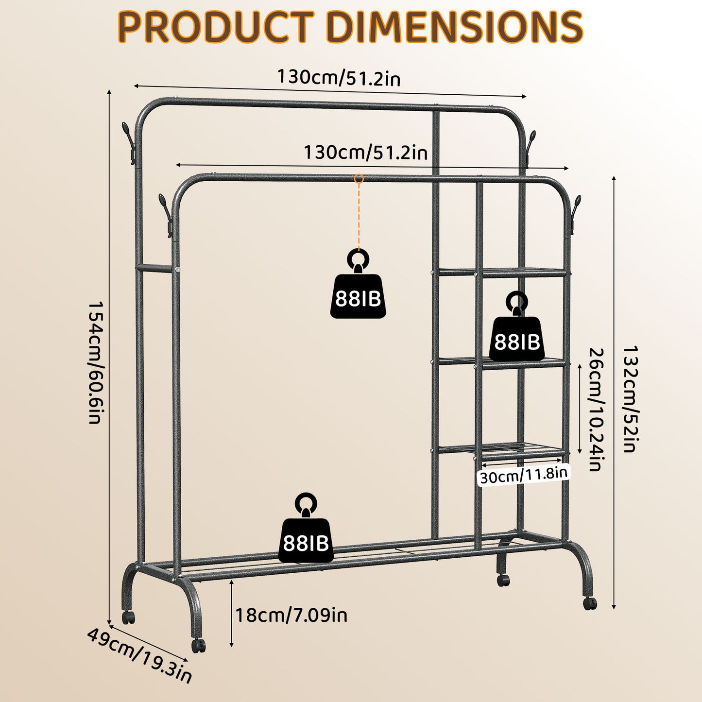 3-In-1 Double Rod Clothes Rack with 4-Shelf, Metal Clothing Rack with Wheels & 4 Hooks, Portable Heavy Duty Garment Rack with Bottom Shelves, Freestanding Organizer for Bedroom, Black