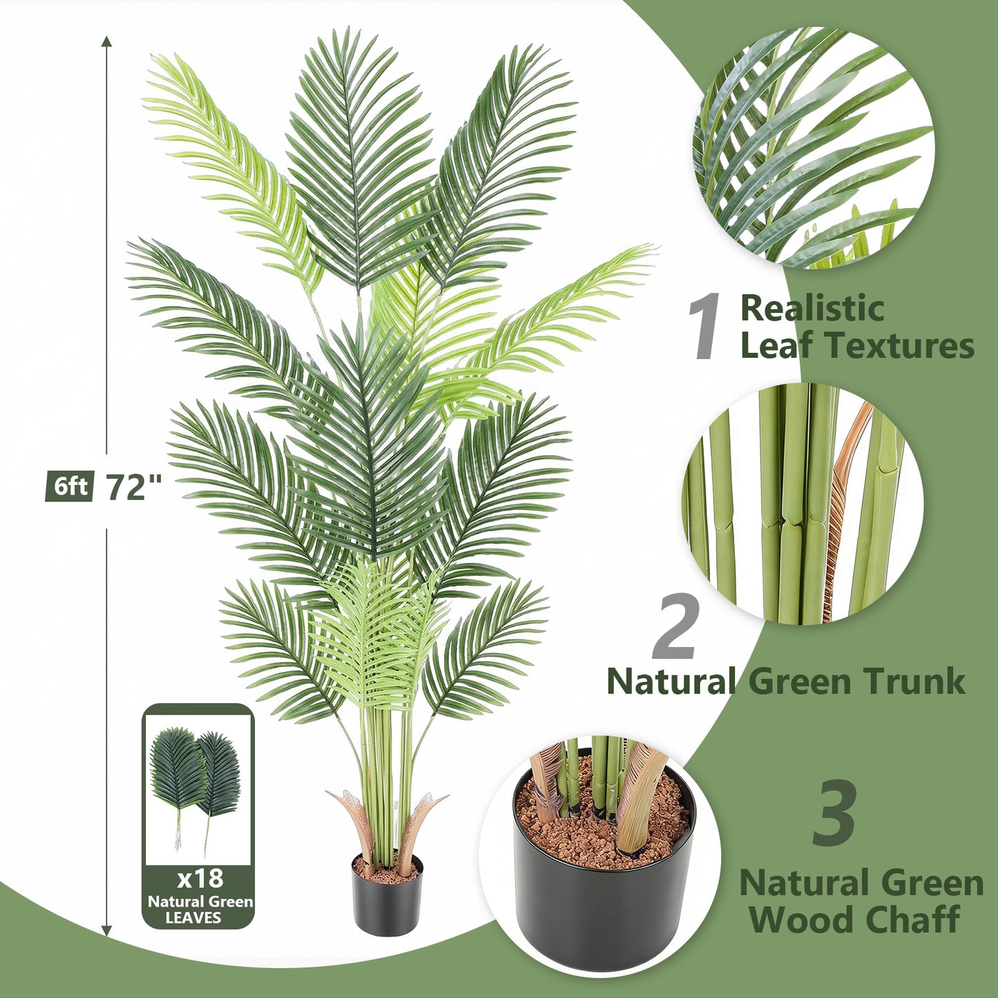6ft Artificial Palm Plants, 6ft Fake Palm Tree, Pre Potted Faux Greenry Tree for Home Decor Office House Living Room Indoor Outdoor, Big Fake Plants Fake House Plants