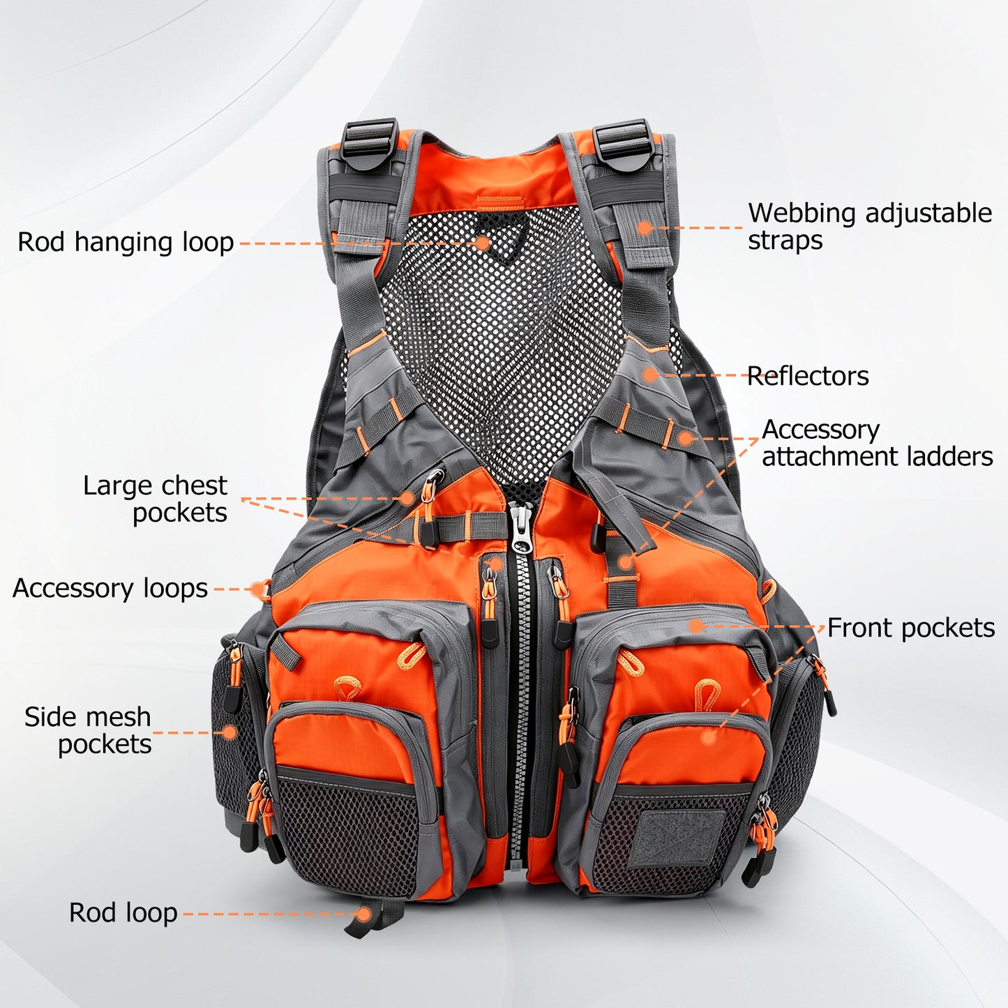 Fly Fishing Vest for Men Women, Comfortable Adjustable Fishing Vest with Multi-Pockets Reflective Stripes, Lightweight and Durable Unisex Strap Fishing Vest Pack, for Fly Bass Fishing,Orange