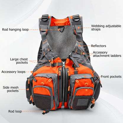 Fly Fishing Vest for Men Women, Comfortable Adjustable Fishing Vest with Multi-Pockets Reflective Stripes, Lightweight and Durable Unisex Strap Fishing Vest Pack, for Fly Bass Fishing,Orange