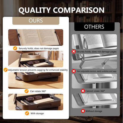 Foldable Wooden Book Stand with Storage,360° Rotating Book Holder for Kitchen Counter, Reading Stand for Desk, Recipe Stand, Book Prop for Book Lovers