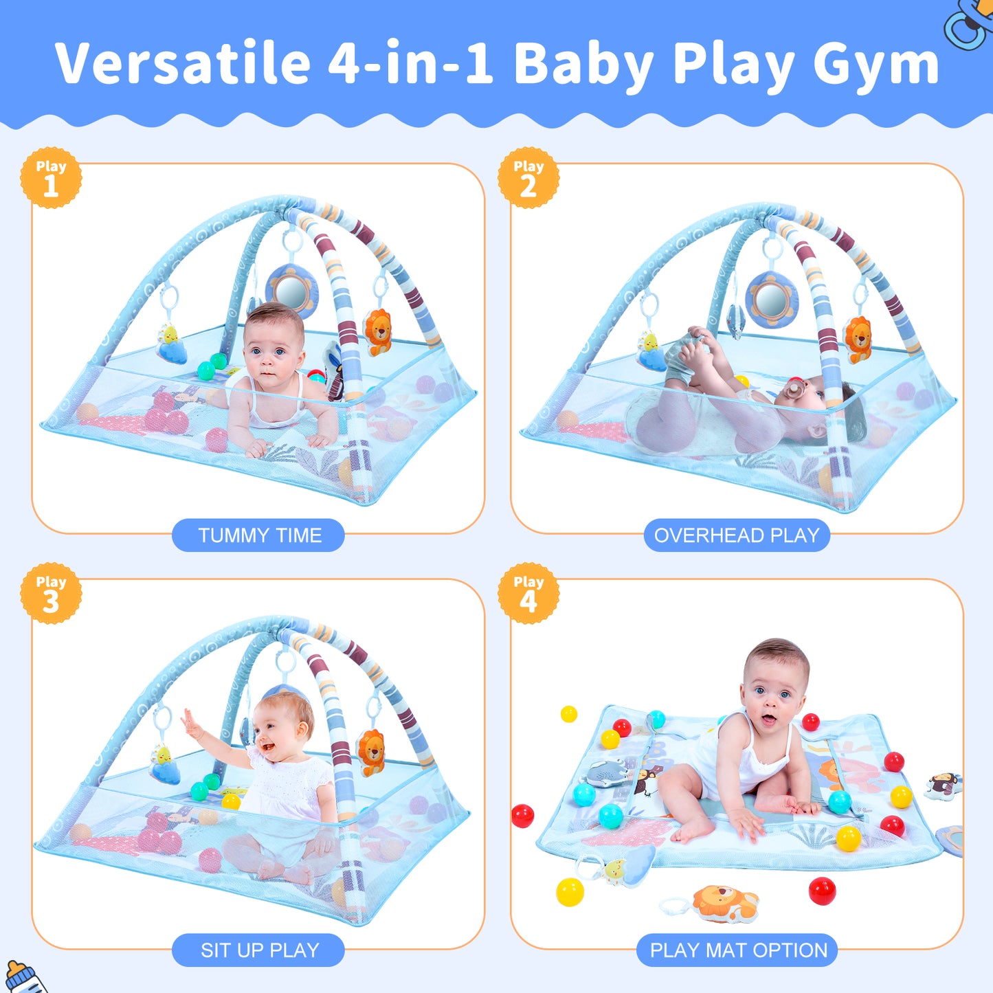 Baby Gym Mat 3 in 1 Tummy Time Baby Activity Gym with 5 Sensory Toys, Ocean Balls, Floor Crawling Mat for Newborn Toddlers