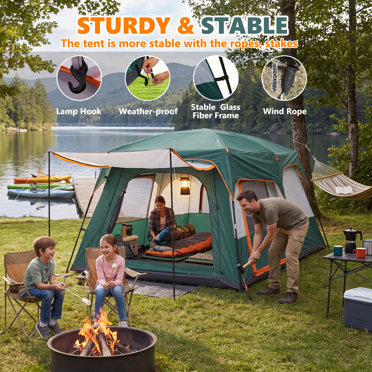 Family Camping Tent 8 Person Tent Waterproof Windproof with Divided Curtain for Separated 2 Rooms with Carry Bagfor Campng, Outdoor,Green