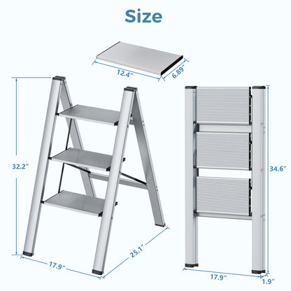LHCER 3 Step Ladder Folding Step Stool with Anti-Slip Pedal Aluminum Portable Kitchen Ladder Suitable for Household Office 330LBS Capacity