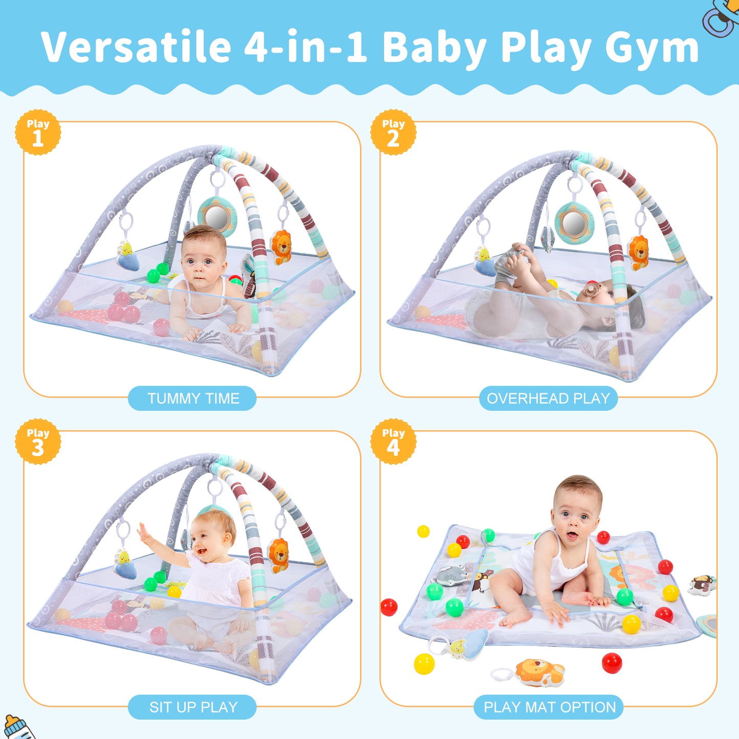 Baby Play Gym Mat with Ball Pit Activity Gym Center Motor Skill Development for Newborn Infant Baby Toddlers Gray