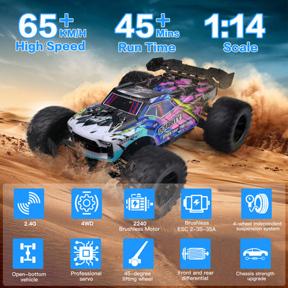 1:14 Brushless Fast RC Car for Adults Boys 45+MPH All Terrains 4X4 RTR High Speed Waterproof Remote Control Cars Truck Off Road RC Monster Truck 2 Batteries