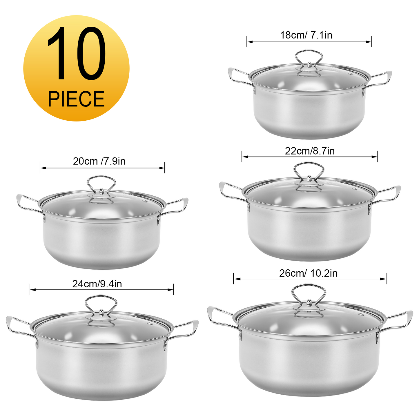10 Piece Stainless Steel Pots Sets, Kitchen Cookware Set Saucepan with Glass Lid Stockpot Soup Pot with 2 Ear Handle For Cooking Dishwasher, Silver