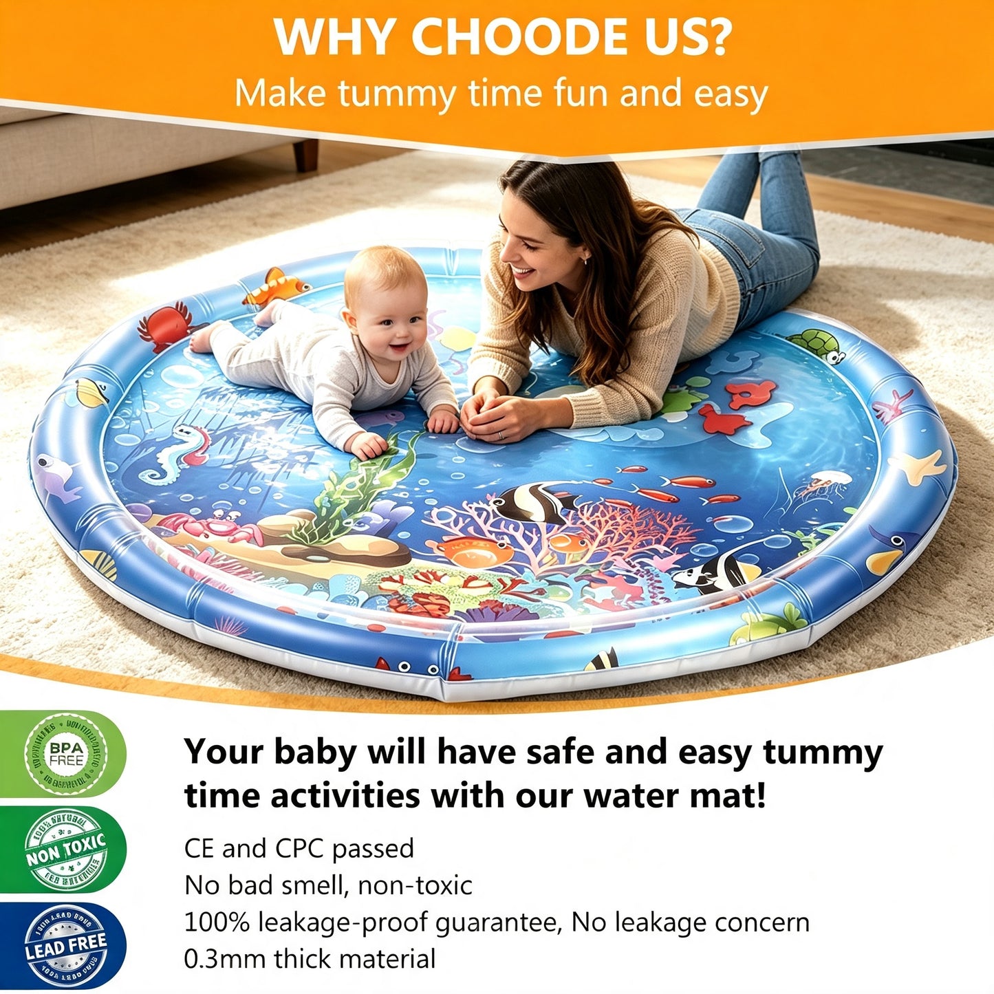Tummy Time Water Play Mat for Babies Inflatable Activity Center, Infant Baby Water Mat with Air Pump for Newborn Infant Toddler Boy Girl