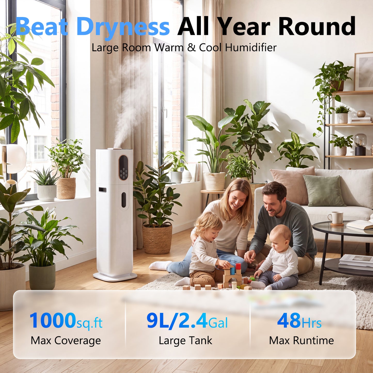 Humidifiers for Bedroom 1000 sqft, 2.4Gal/9L Humidifier Large Room Warm & Cool Mist,with 360°Nozzle & Essential Oil Diffuser, Top Fill Large Room Humidifiers for Home Office Plants, White