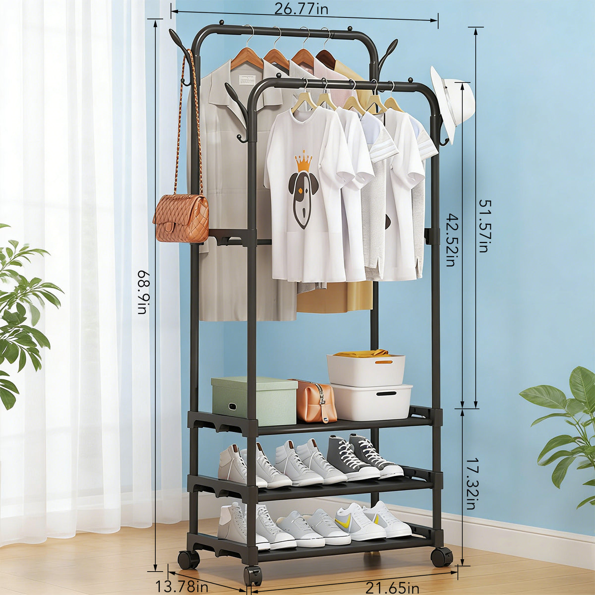 Clothing Garment Rack - 26.8" × 13.8" × 69" Double Rails Closet Rack with 3-Tier Shoe Rack and Wheels, Shoe Organizer for Entryway, Bedroom, or Laundry, Black